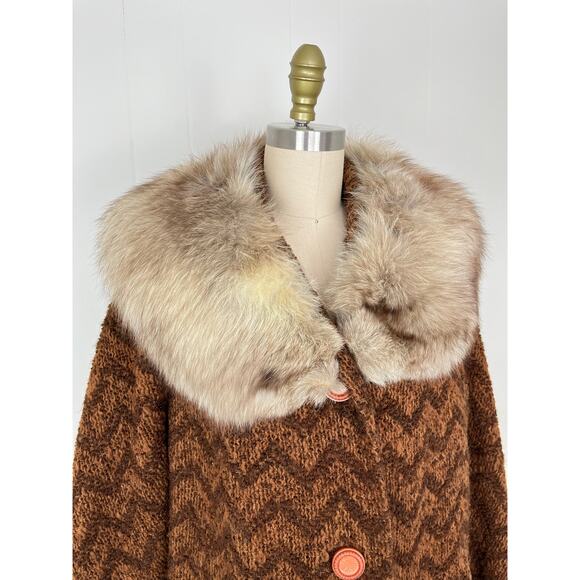 True Vintage Rare 60s 70s Penny Lane Coat Jacket Large Fur Collar Boho Knit - Picture 3 of 16